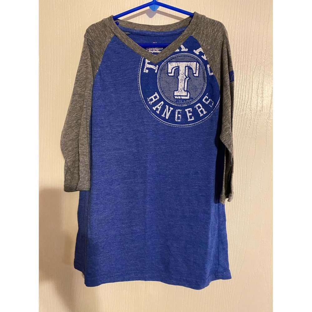 Majestic Texas Rangers Kids XL 16 Blue Gray Raglan 3/4 Sleeve Tee Shirt
0122